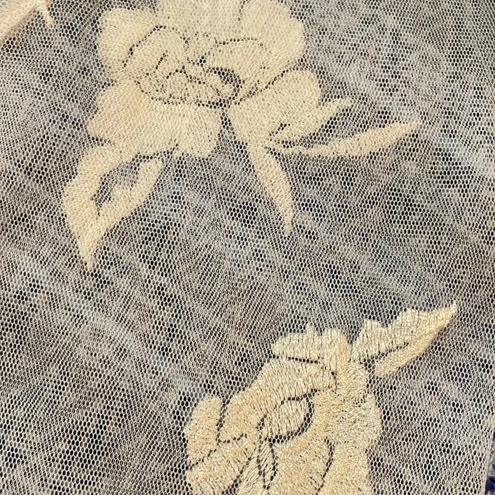 Women Ivory Sheer Net w/Appliqués/Pheasant Sleeve Shirt-Size- XS - Picture 5 of 8